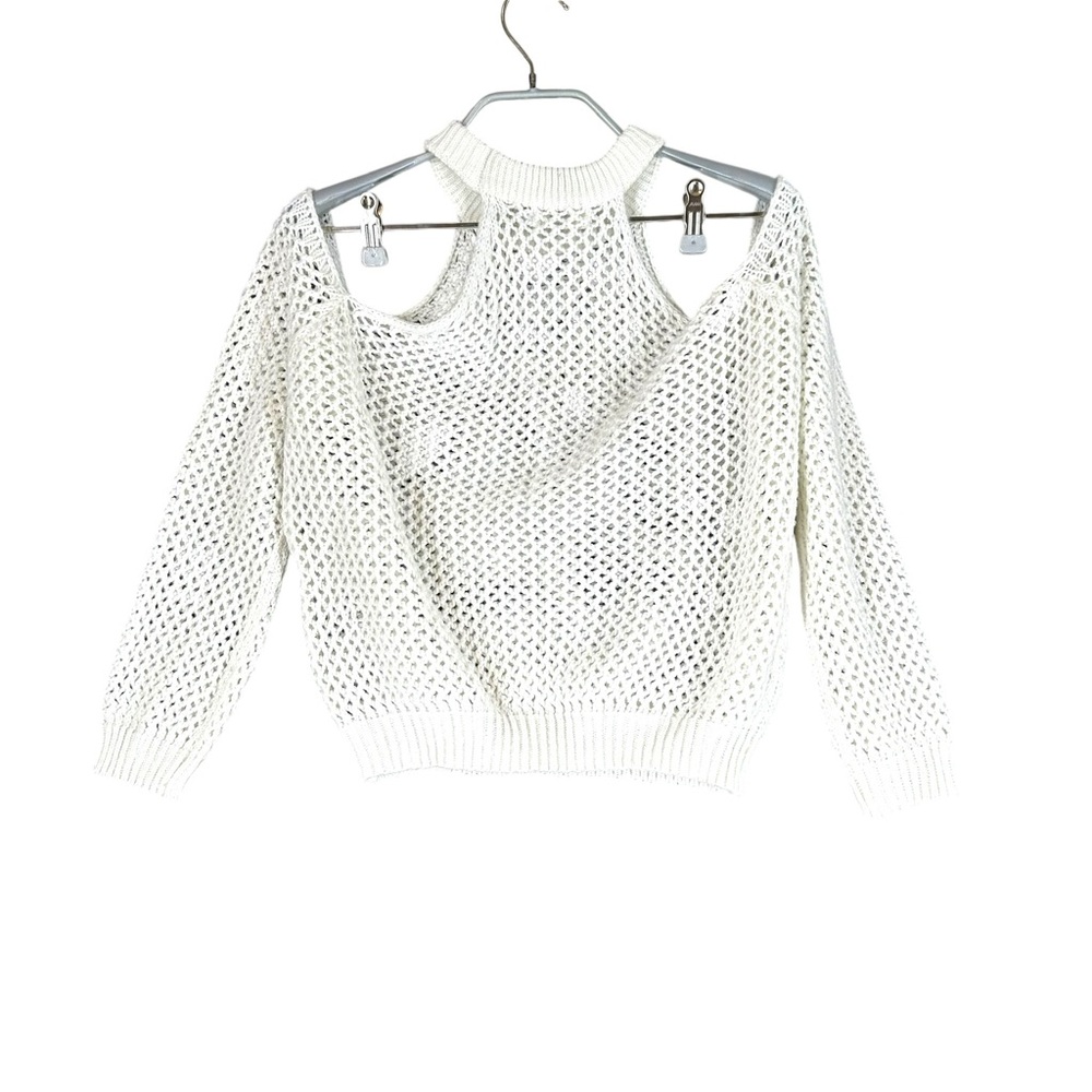 Millou Women’s S Small White Fishnet Cold Shoulder Acrylic Sweater Boho Coquette